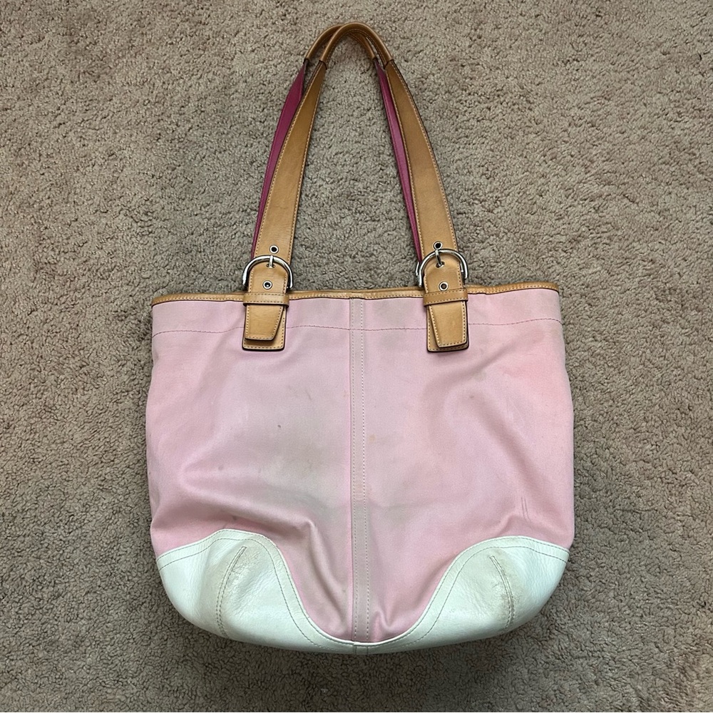 Coach Soho Large Pink Canvas Tote Bag White Leather Trim and Tan Handles Y2K